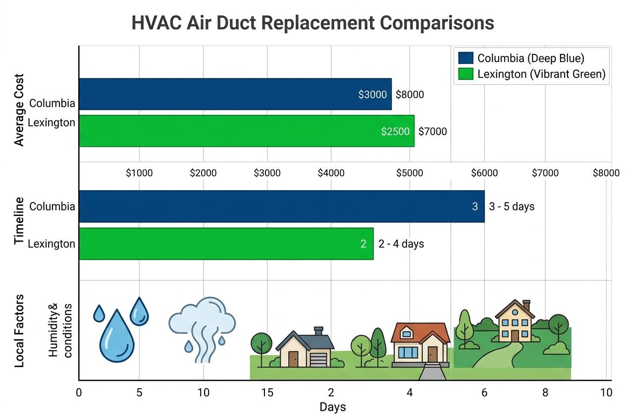 Grouped bar chart comparing air duct replacement costs, timelines, and local factors in Columbia vs Lexington SC