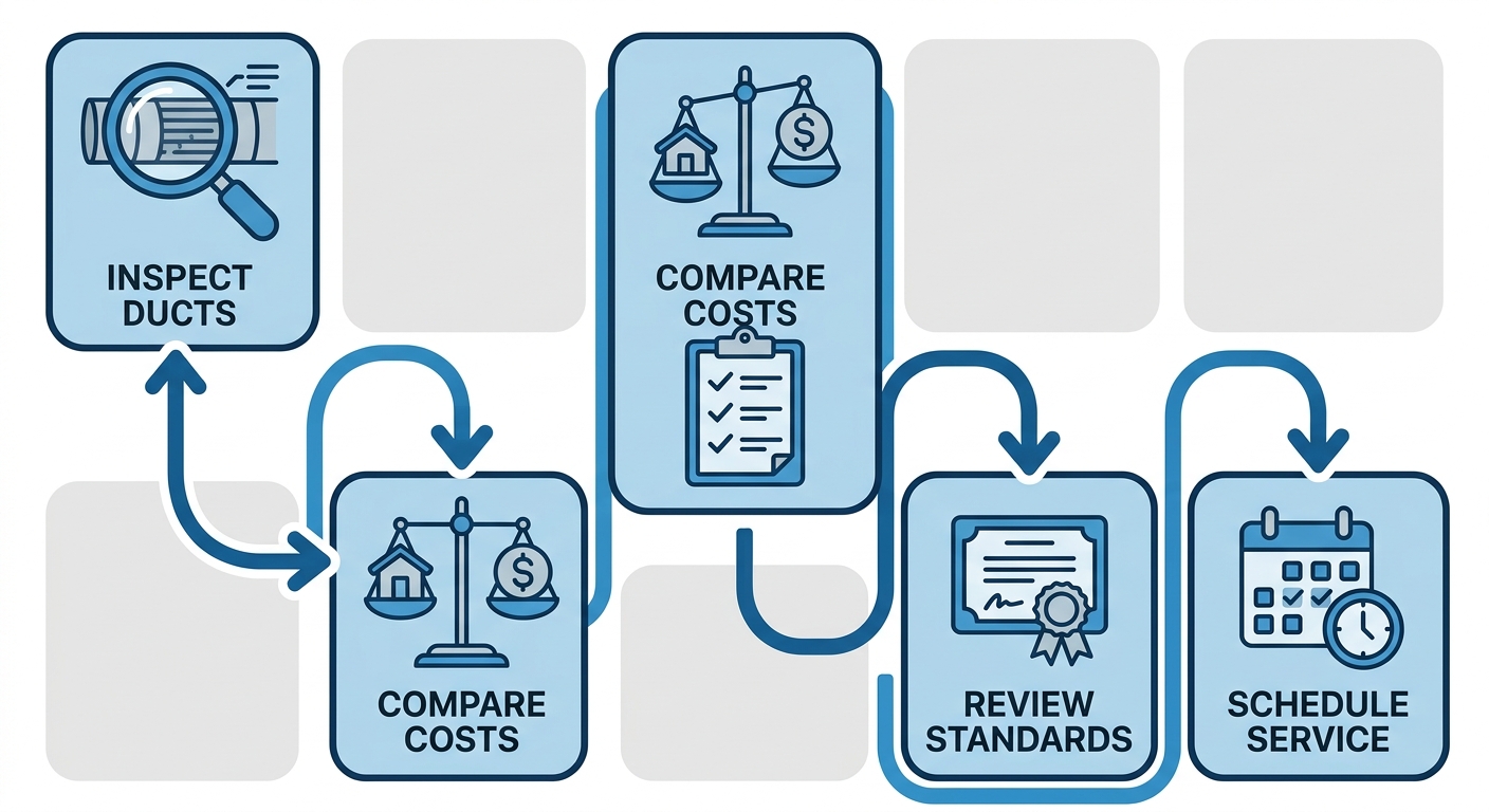 Vertical process flow diagram illustrating 5 steps for air duct replacement: inspect ducts, compare costs, get quotes, review ACCA standards, schedule service.