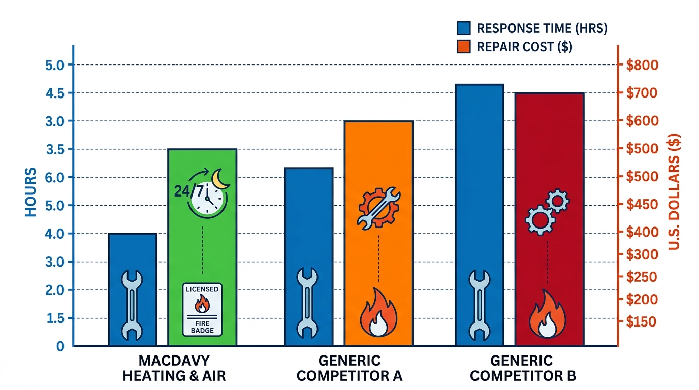 Bar chart comparing furnace repair providers in Columbia SC by response time and cost, MacDavy in green outperforming competitors.