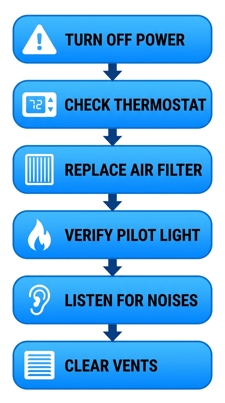 Vertical process flow diagram illustrating 6 steps to troubleshoot furnace issues with icons and minimal labels