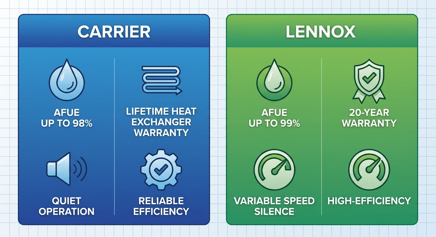 Infographic comparing Carrier and Lennox gas furnace features including AFUE efficiency, warranties, and performance for Lexington homes