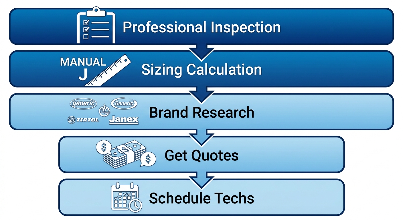 Vertical process flow diagram for starting gas furnace replacement in Lexington SC: professional inspection, sizing calculation, brand research, local quotes, schedule certified techs.