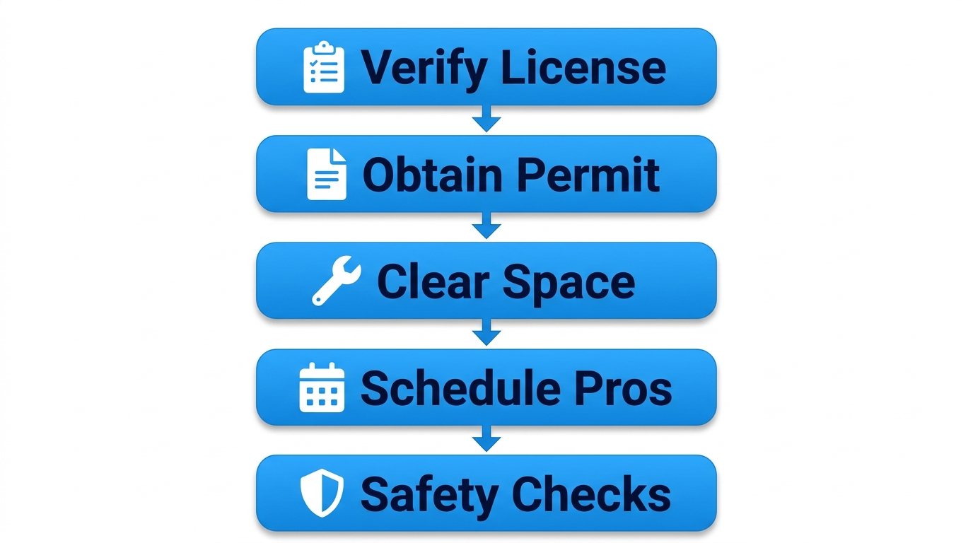 Vertical process flow diagram illustrating five preparation steps for furnace installation: verify SC HVAC license, obtain Richland County permit, clear space, schedule with pros, and perform safety checks.