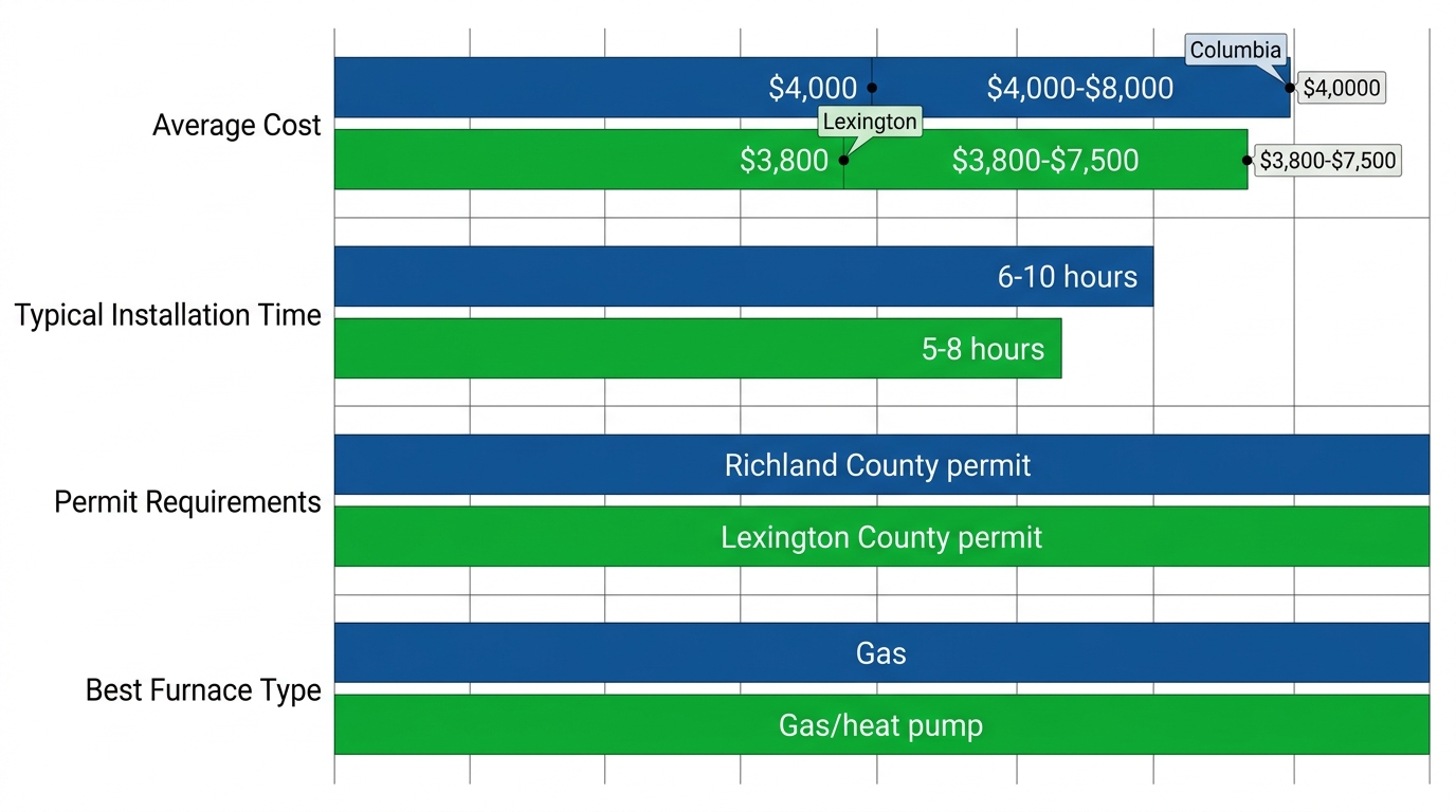 Horizontal bar chart comparing furnace installation costs, times, permits, and types in Columbia vs Lexington SC