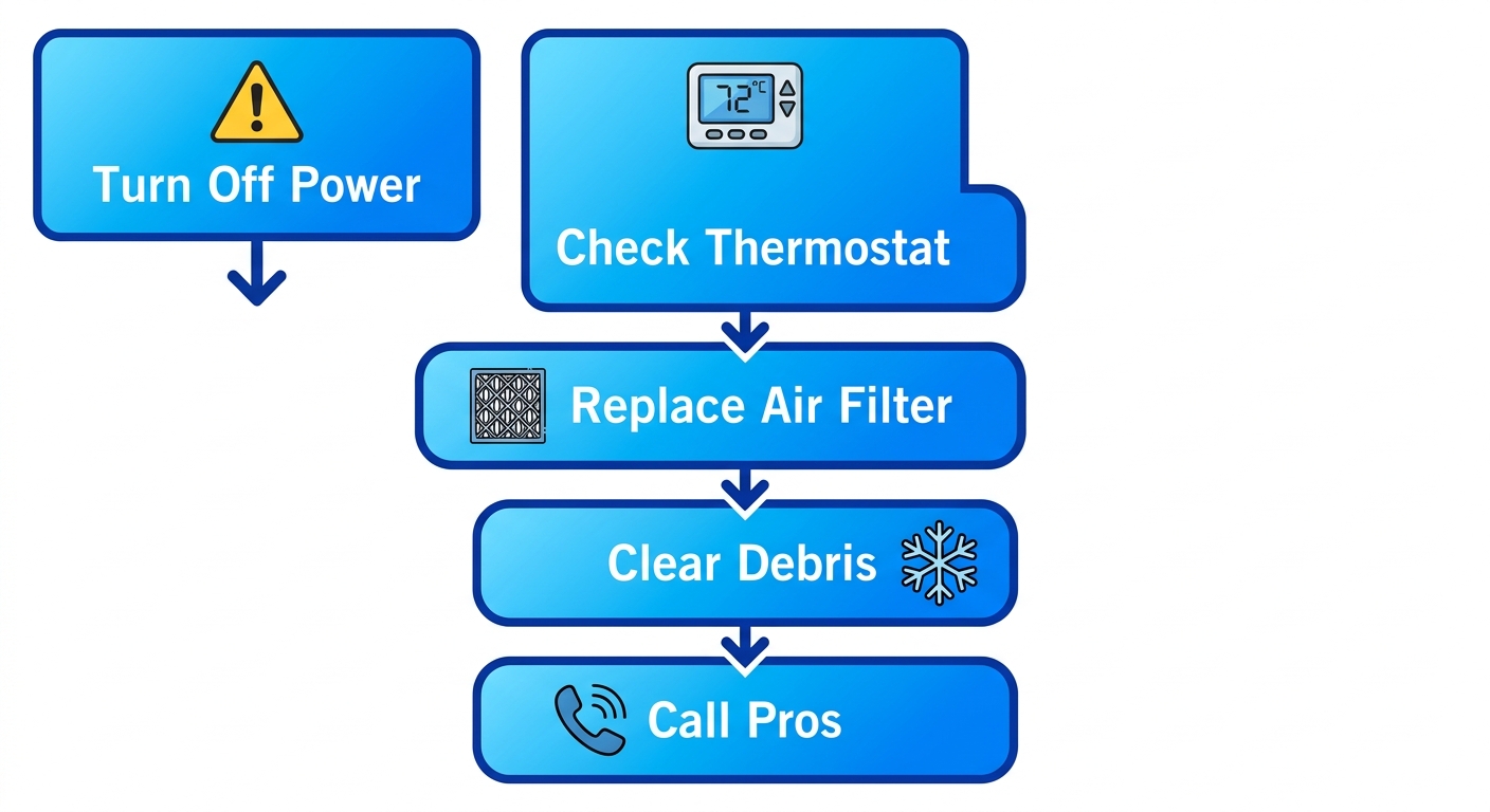 Vertical process flow diagram illustrating 5 steps to troubleshoot heat pump issues with icons and labels