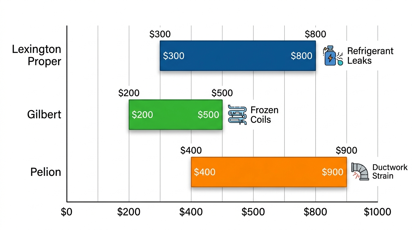 Horizontal bar chart of average heat pump repair costs by Lexington neighborhoods: Lexington Proper $300-800 refrigerant leaks, Gilbert $200-500 frozen coils, Pelion $400-900 ductwork strain.
