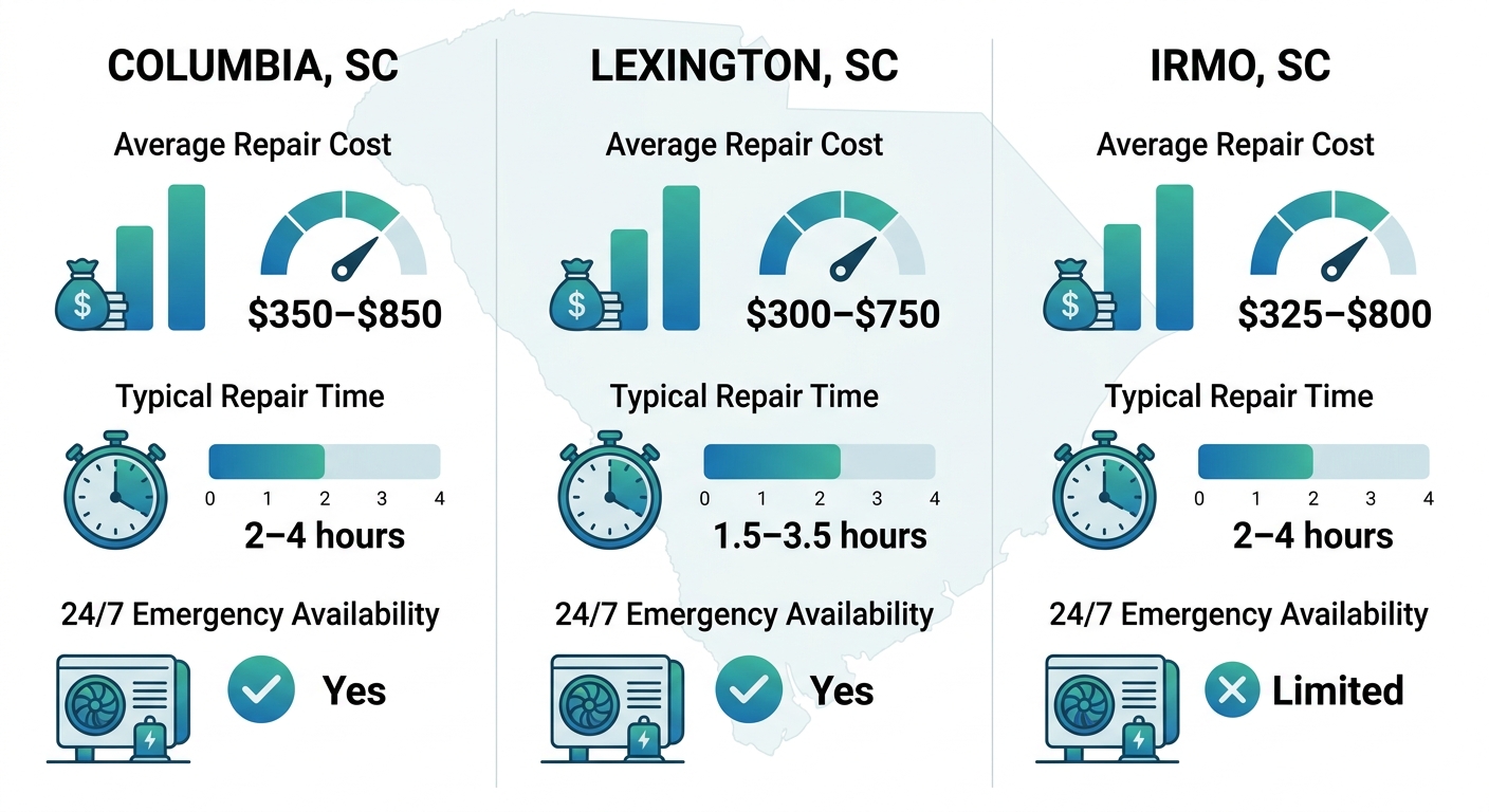 Infographic comparing heat pump repair costs, times, and 24/7 availability in Columbia SC, Lexington SC, and Irmo SC