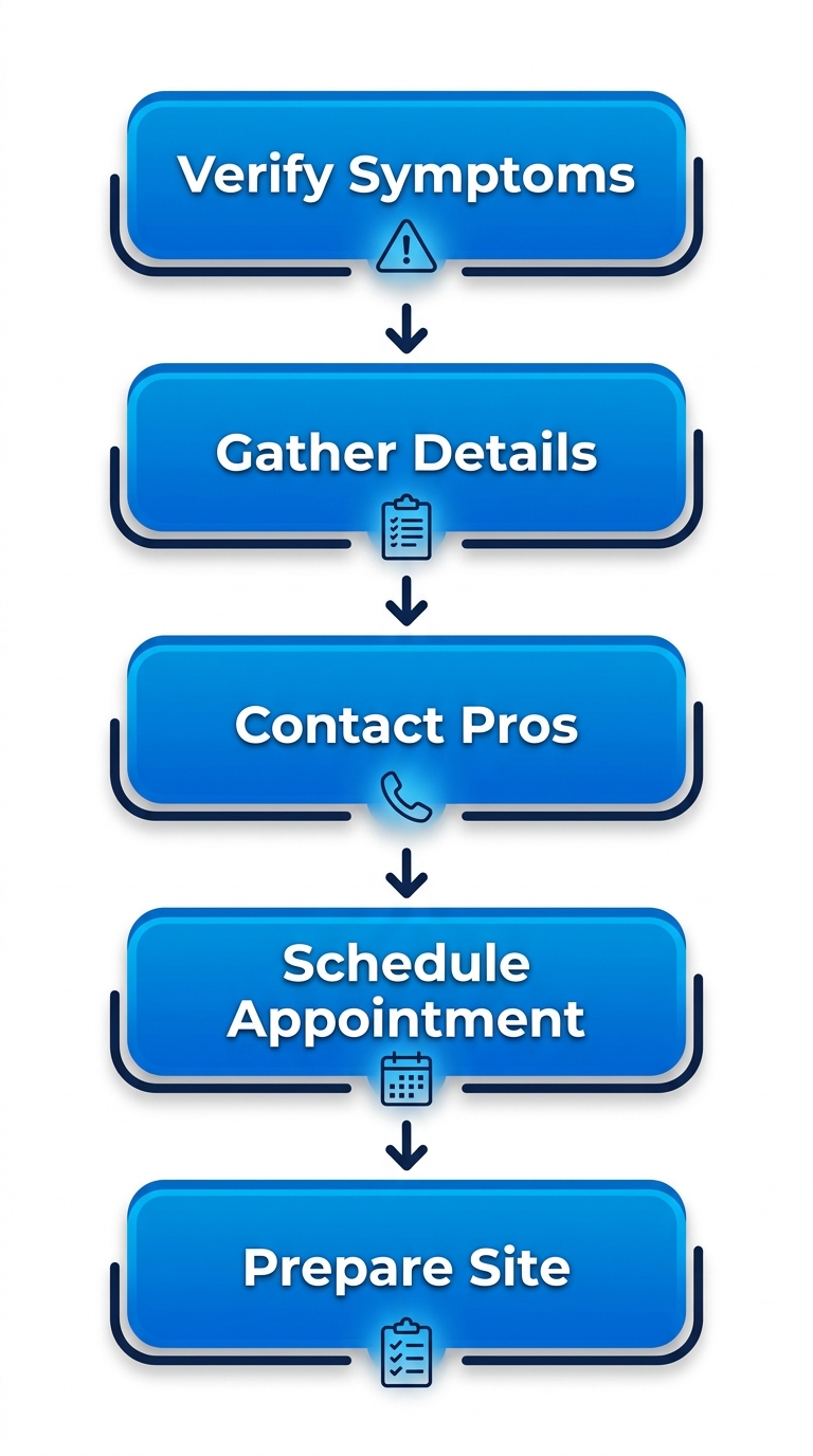 Vertical process flow diagram with 5 steps for arranging heat pump repair: verify symptoms, gather details, contact pros, schedule appointment, prepare site.