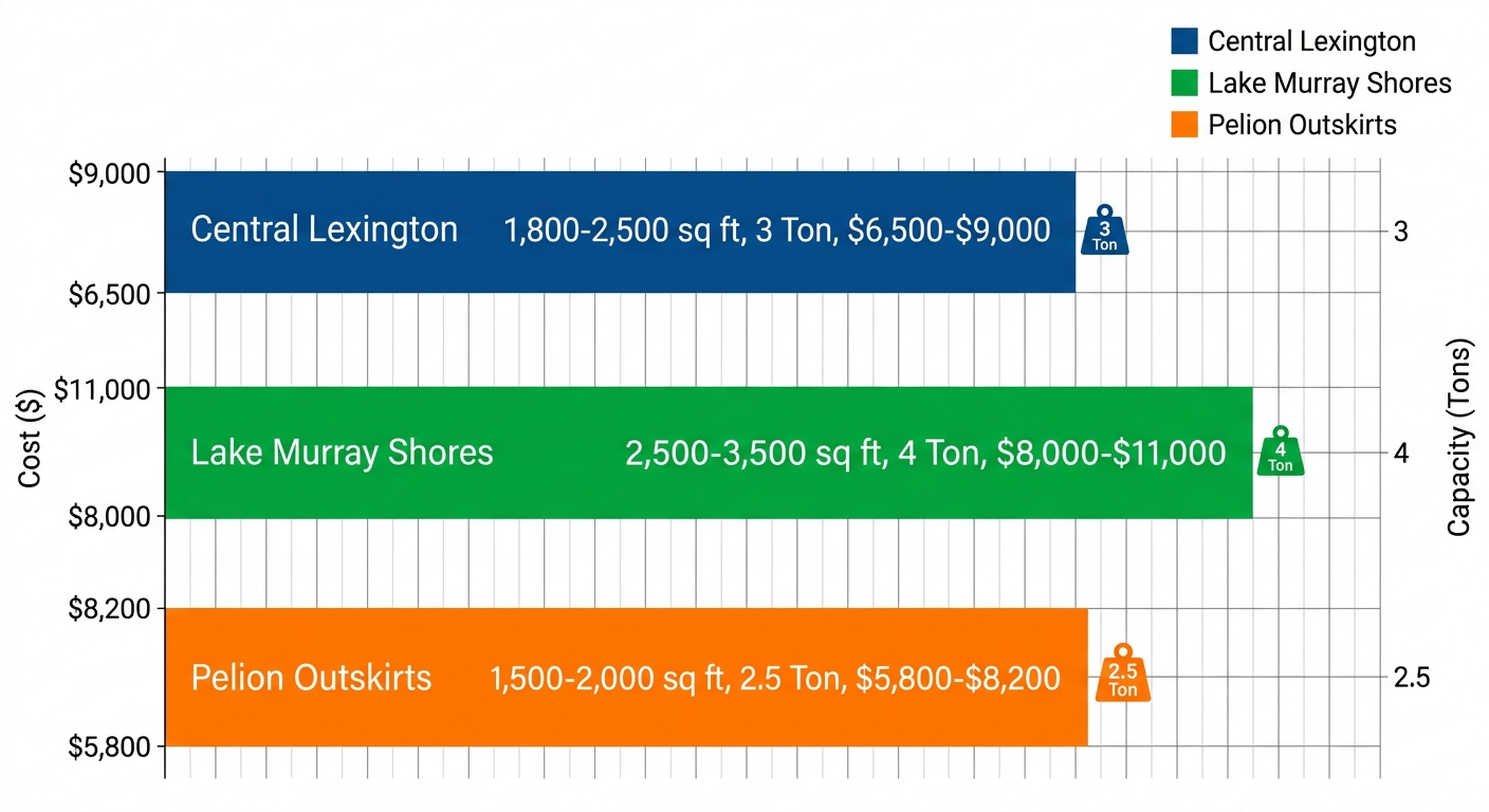 Bar chart of heat pump recommendations by Lexington neighborhoods showing capacity tons and cost ranges