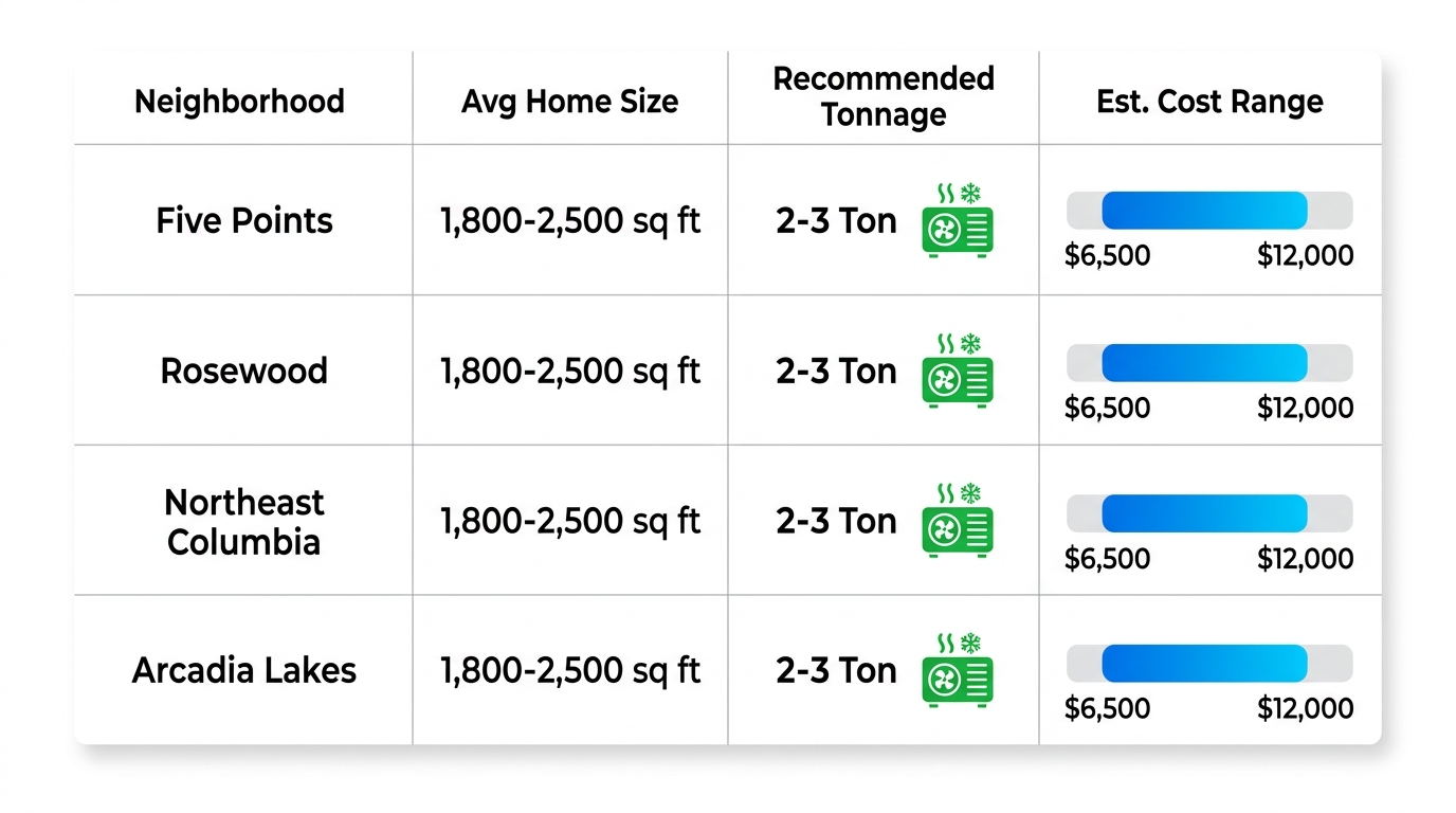 Infographic table of recommended heat pump tonnage and cost ranges by Columbia neighborhoods: Five Points, Rosewood, Northeast Columbia, Arcadia Lakes, based on home size and climate calculations