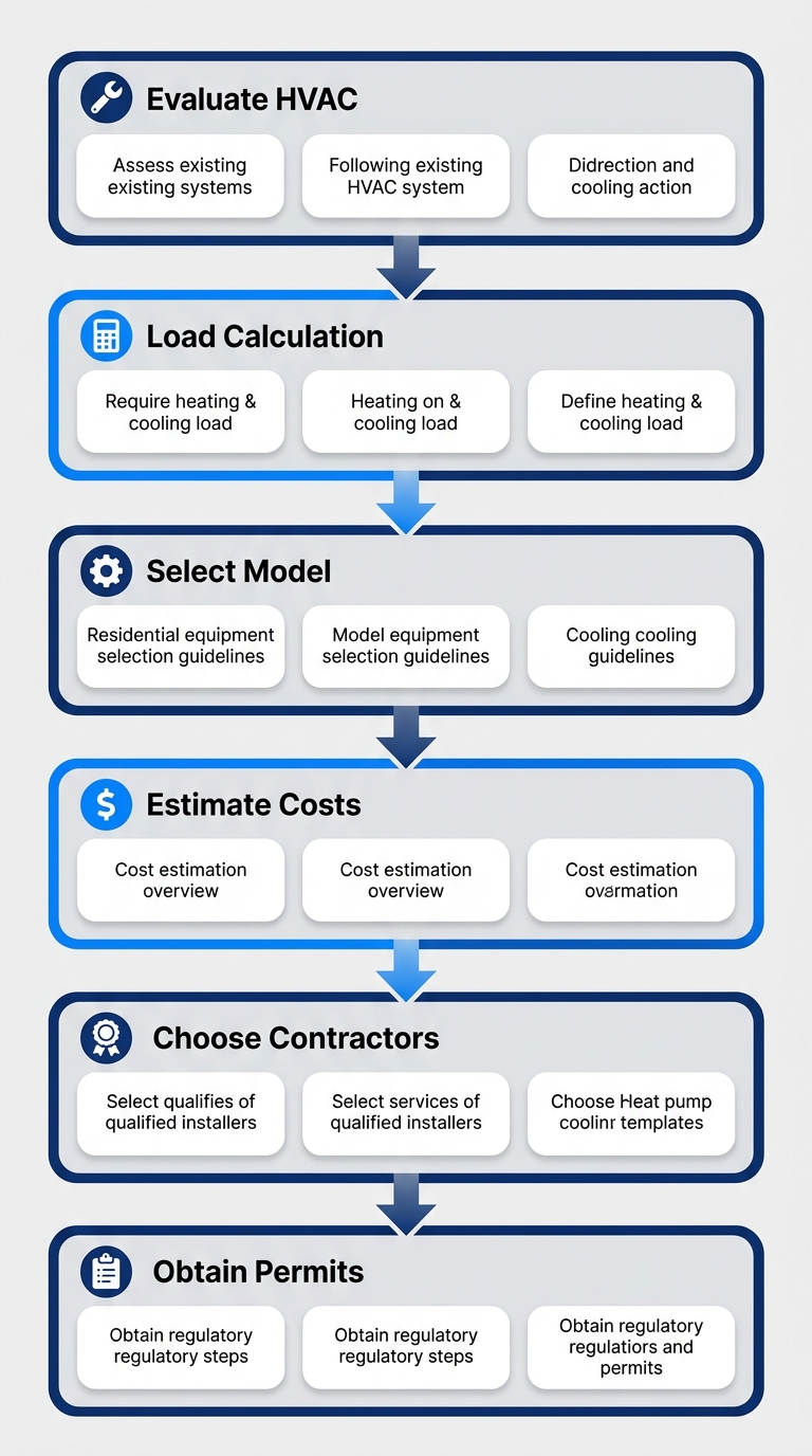 Vertical process flow diagram showing six steps for planning heat pump installation: evaluate HVAC, load calculation, select model, estimate costs, choose contractors, obtain permits.