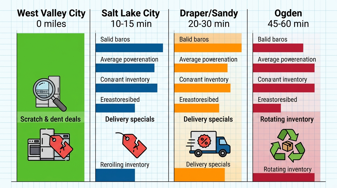 Infographic bar chart comparing distances to appliance shopping areas: West Valley City 0 miles green, Salt Lake City 10-15 min blue, Draper Sandy 20-30 min orange, Ogden 45-60 min red, with deal and delivery icons