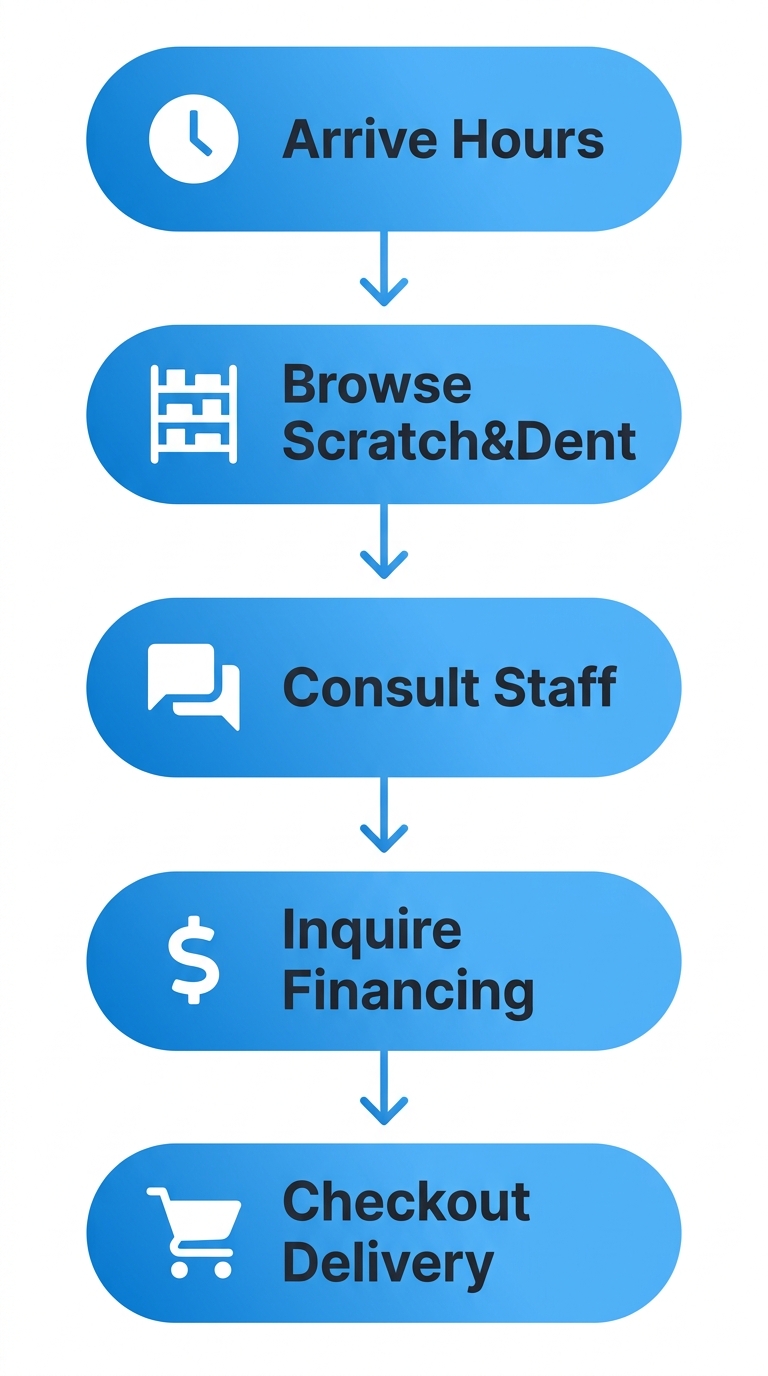 Vertical process flow diagram of 5 steps for shopping at the appliance warehouse: arrive, browse, consult, financing, checkout with icons