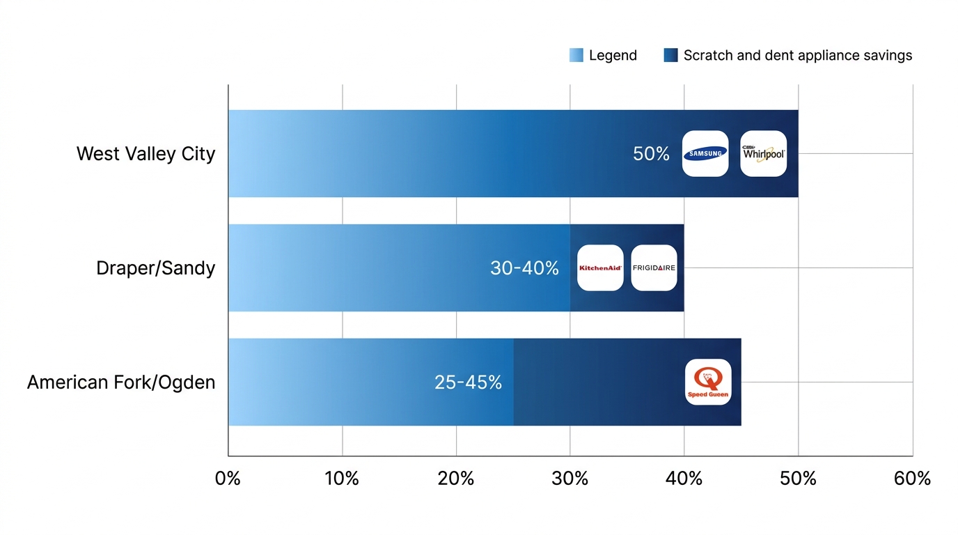 Horizontal bar chart of discount savings on scratch and dent appliances by Salt Lake City neighborhood including West Valley City, Draper, Sandy, American Fork, and Ogden with brand icons.
