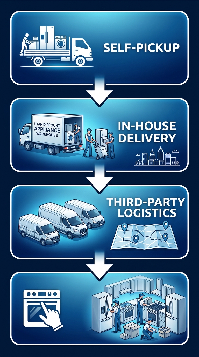 Vertical process flow diagram illustrating four appliance delivery options: self-pickup with truck icon, in-house delivery with van icon, third-party logistics, and white-glove service with installation.