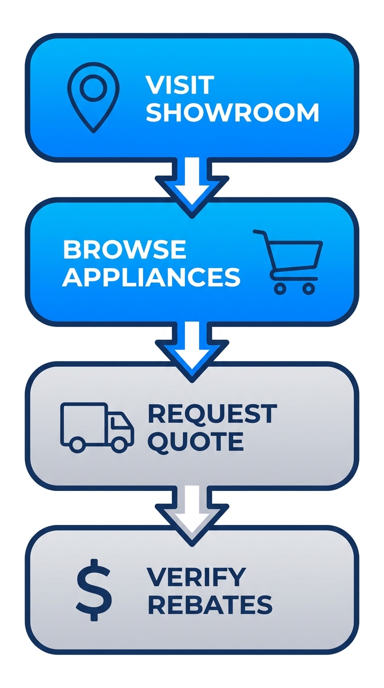 Vertical process flow diagram illustrating steps to get started with Utah Discount Appliance Warehouse: visit showroom or website, browse scratch and dent appliances, request delivery quote, verify energy rebates.