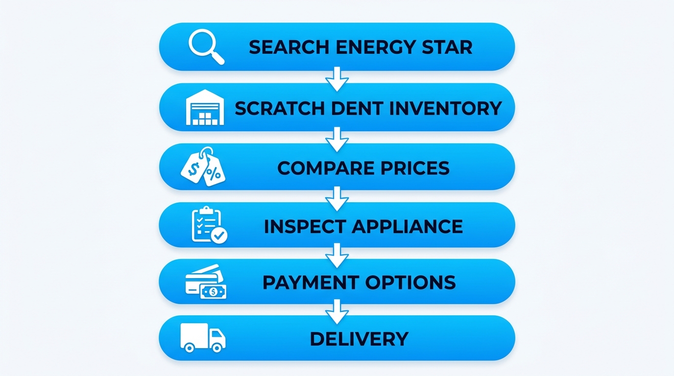Vertical process flow diagram with 6 steps for finding and buying discount refrigerators: search ENERGY STAR, warehouse inventory, compare prices, inspect, payment options, delivery.