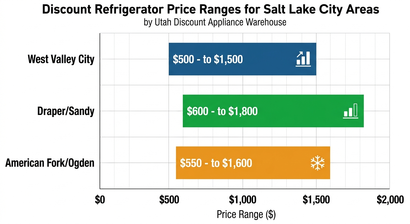 Bar chart comparing discount refrigerator price ranges in West Valley City, Draper/Sandy, and American Fork/Ogden areas with scratch and dent stock icons
