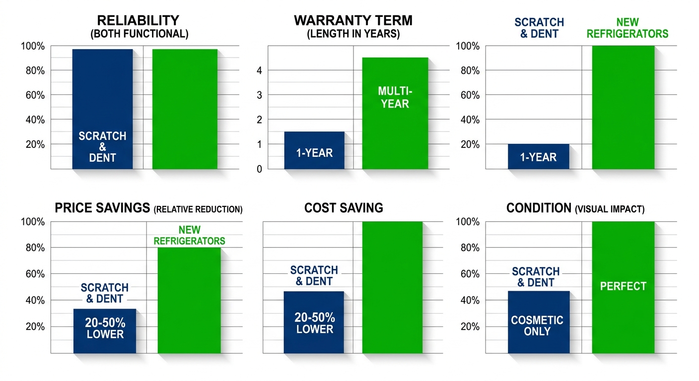 Infographic comparing Scratch & Dent versus new refrigerators in Utah on reliability, warranty, savings, and condition
