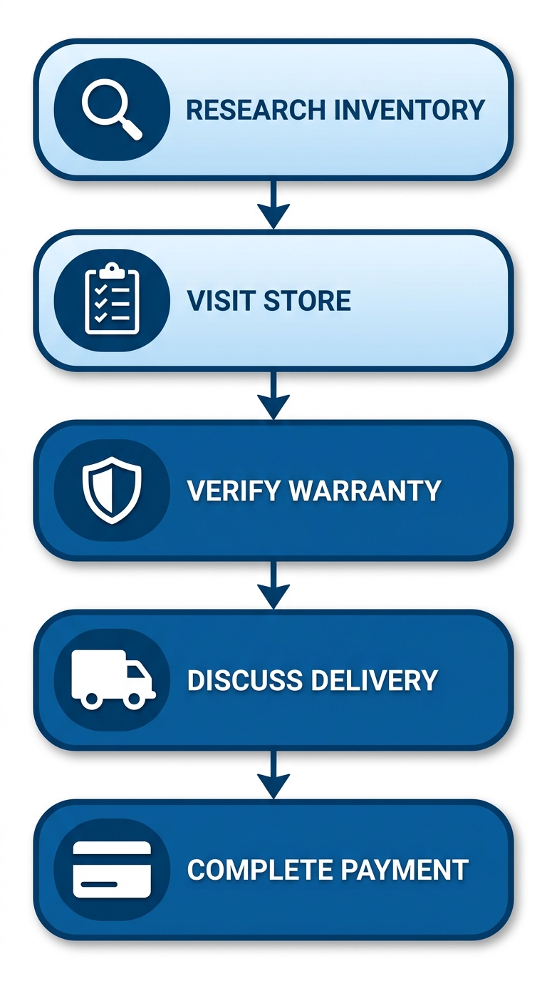 Vertical process flow diagram with 5 steps for purchasing scratch and dent refrigerators: research, visit, verify, discuss delivery, complete payment.