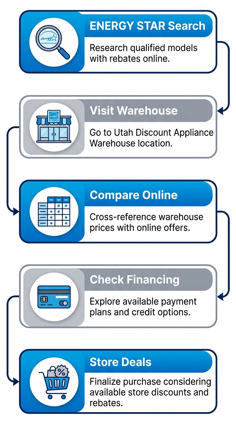 Vertical process flow diagram illustrating 5 steps to find affordable washer and dryer sets in Utah: ENERGY STAR search, visit warehouse, compare online options, check financing, store deals with icons.
