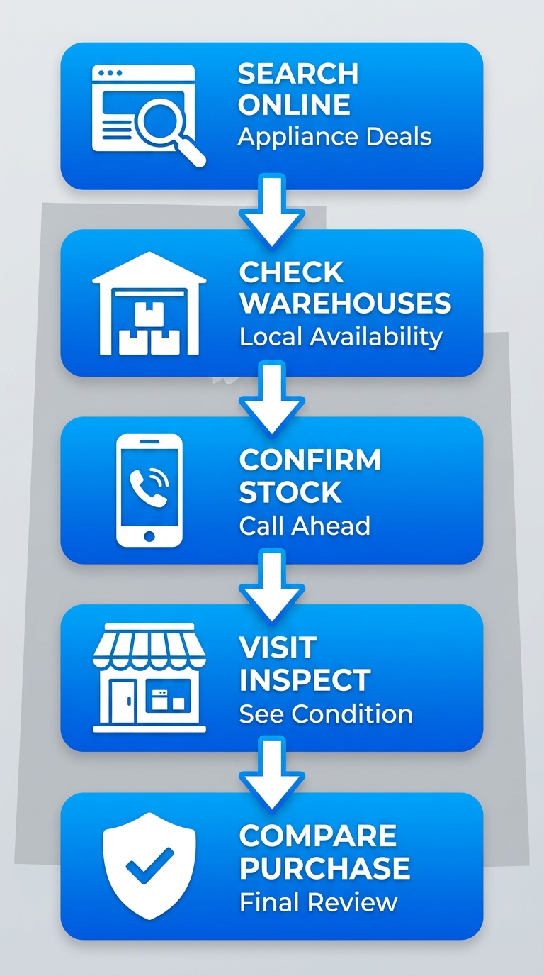 Vertical process flow diagram showing 5 steps to find open box appliances in Utah with icons and minimal labels