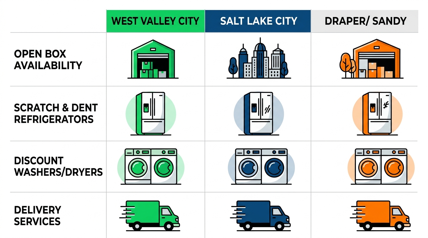 Infographic comparing appliance deals including open box, scratch and dent refrigerators, discount washers dryers, and delivery across West Valley City, Salt Lake City, and Draper Sandy areas