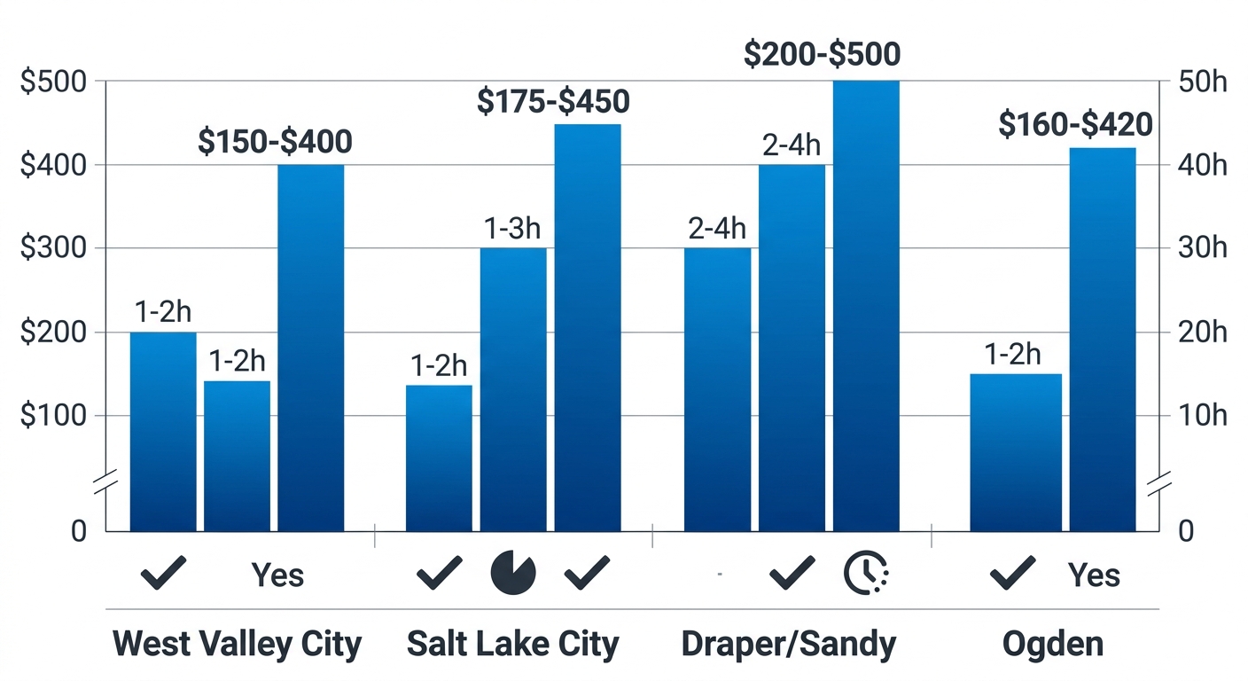 Bar chart comparing appliance installation costs, times, and haul-away services across Utah regions: West Valley City, Salt Lake City, Draper/Sandy, Ogden.