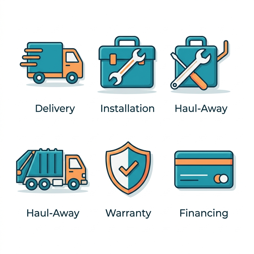 Square grid of five service icons: delivery, installation, haul-away, warranty, and financing for Utah appliance retailer
