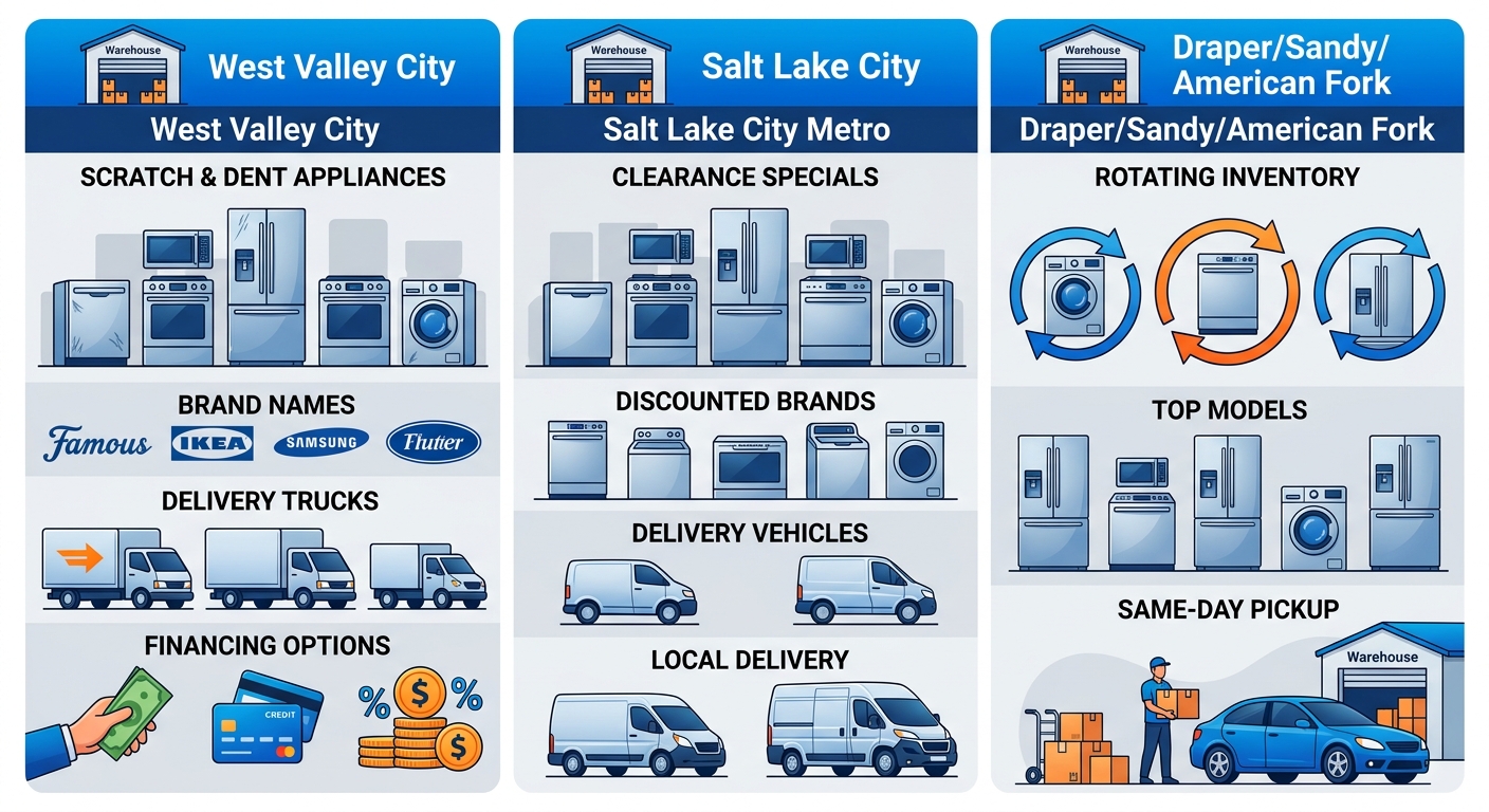 Infographic comparing key appliance features, services, and availability in West Valley City, Salt Lake City Metro, and Draper/Sandy/American Fork regions.