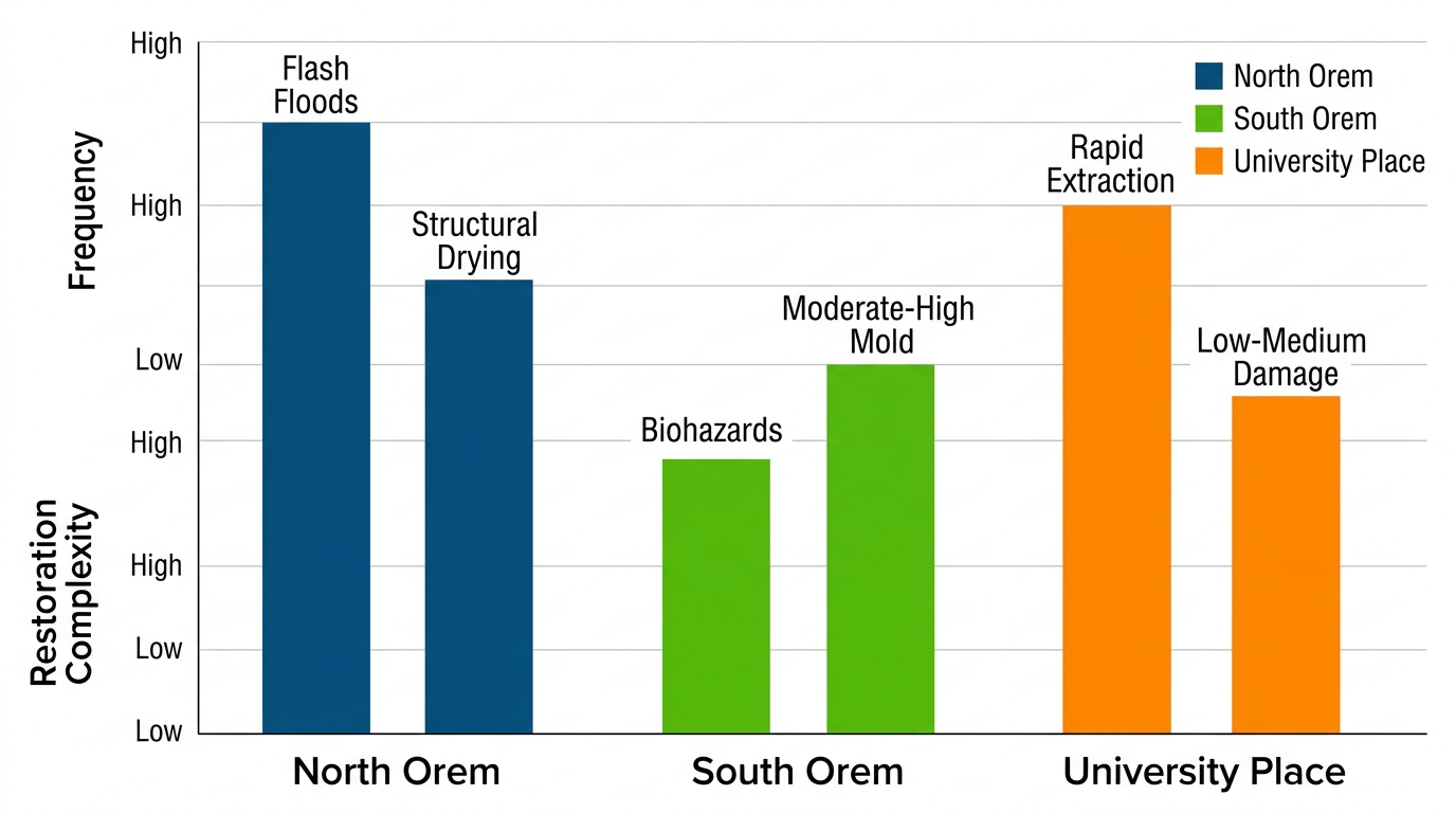 Grouped bar chart comparing frequency and restoration complexity of water damage scenarios in North Orem, South Orem, and University Place neighborhoods.