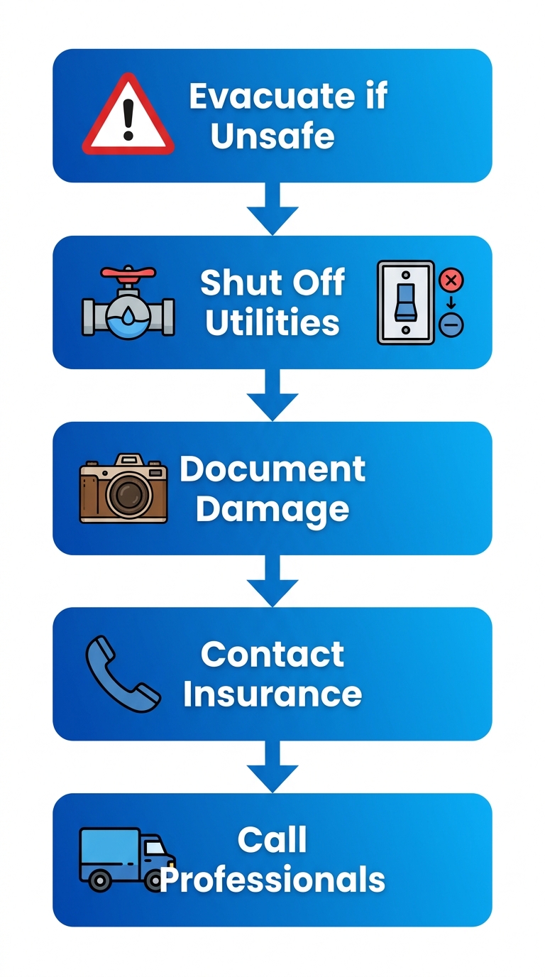 Vertical process flow diagram of 5 initial steps after water damage in Orem with icons and safety colors