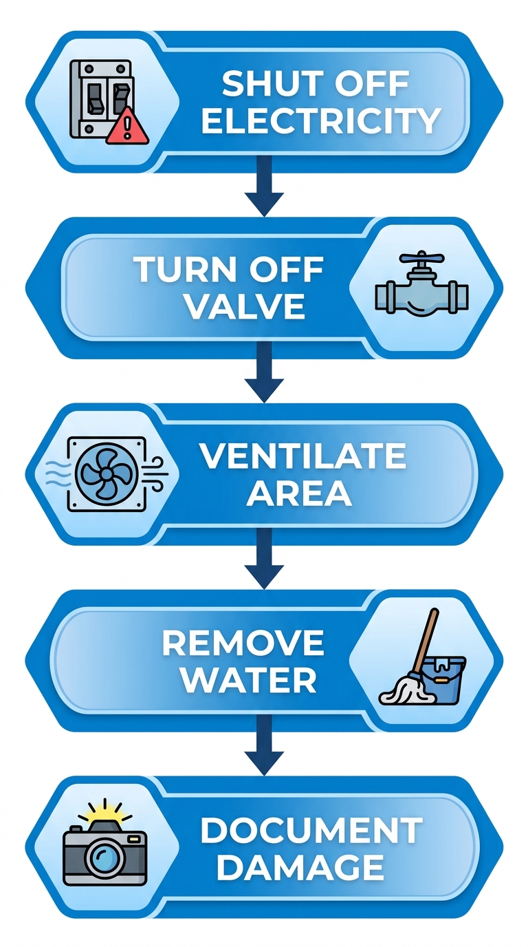 Vertical process flow diagram illustrating five initial steps for water damage response in Orem: shut off electricity, turn off water valve, ventilate area, remove standing water, document damage, with relevant icons and blue gradient boxes.