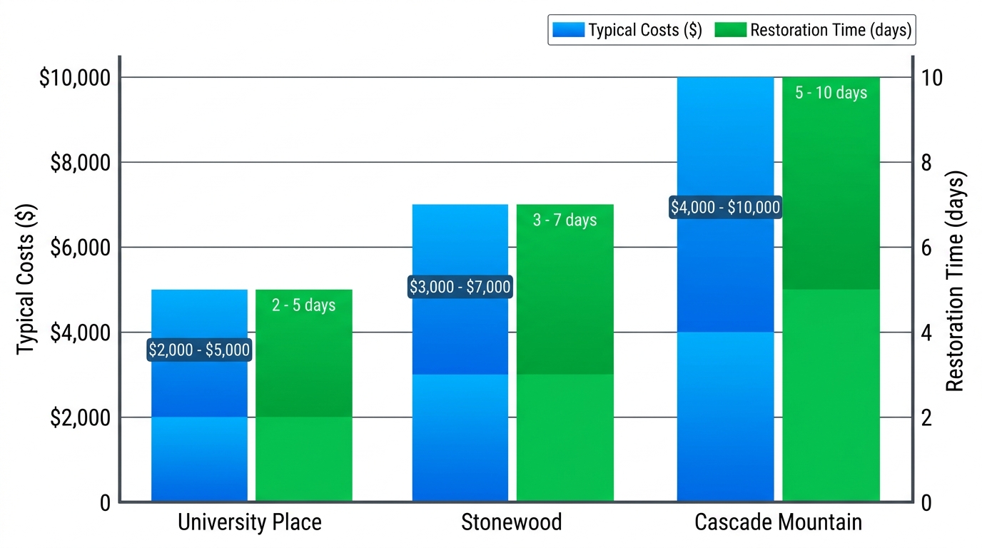 Horizontal grouped bar chart comparing water damage restoration costs and average times across Orem neighborhoods: University Place, Stonewood, Cascade Mountain