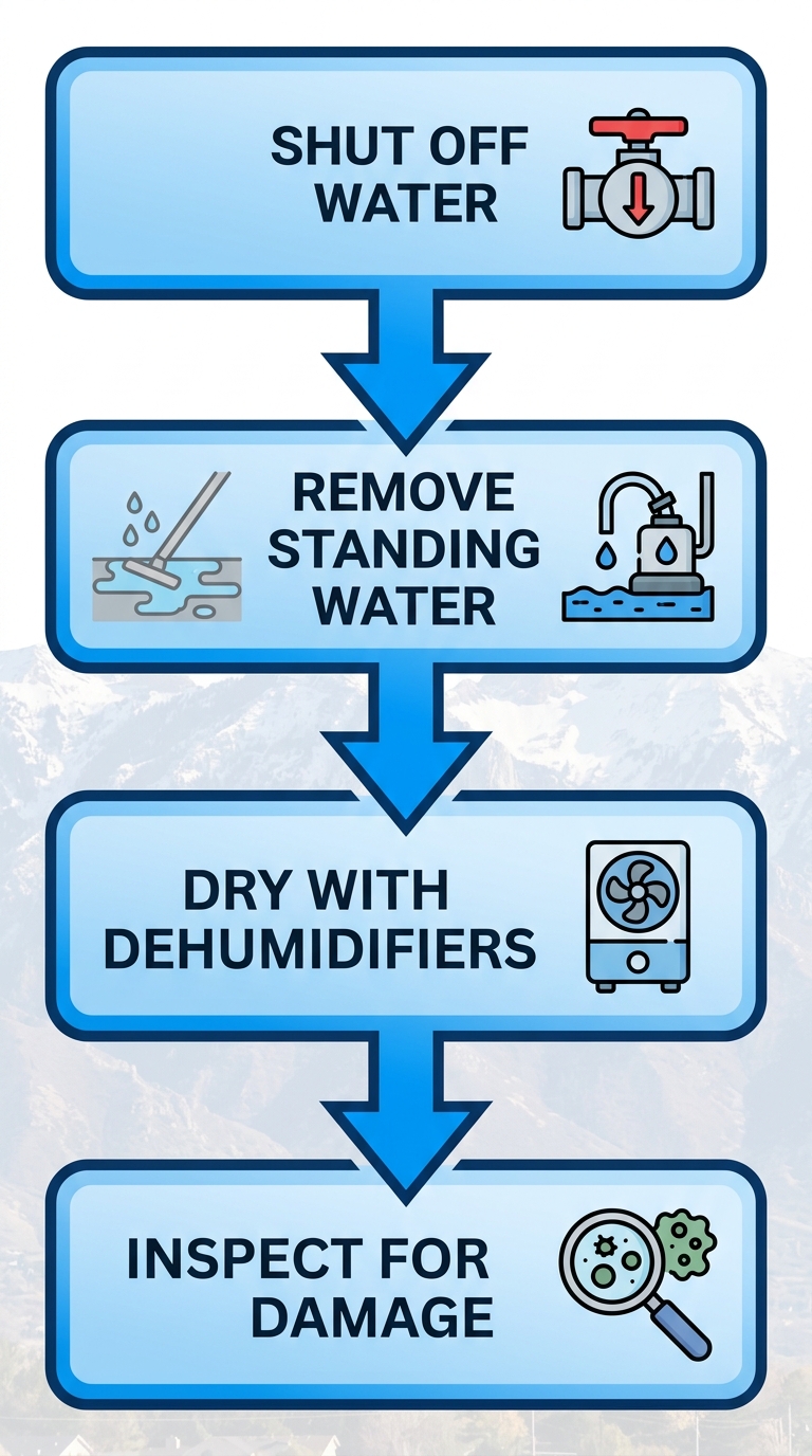 Vertical process flow diagram of four essential water damage restoration steps in Orem, Utah