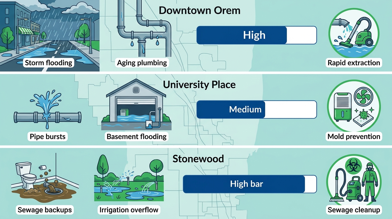Infographic comparing water damage risks, priorities, and icons for Downtown Orem, University Place, and Stonewood neighborhoods