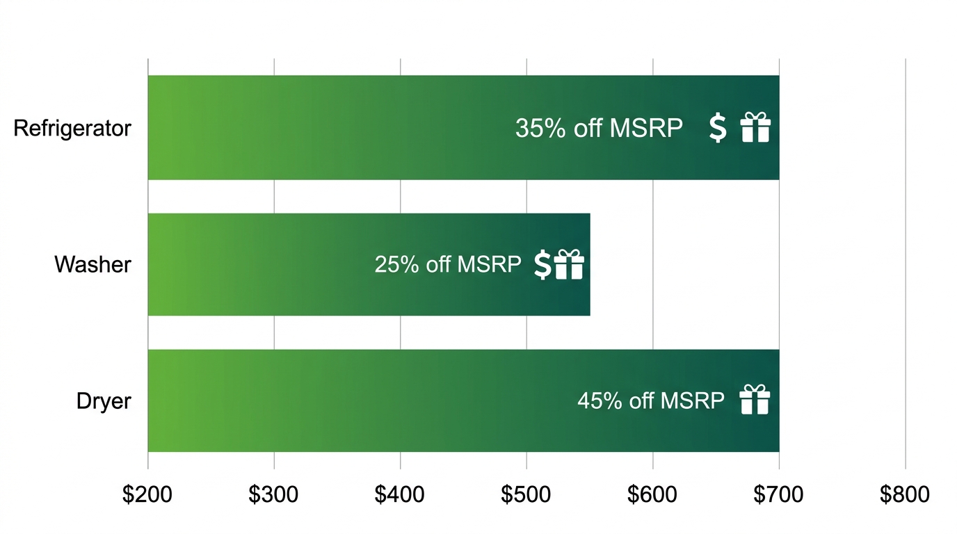 Horizontal bar chart showing savings ranges on refrigerators, washers, and dryers with rebate icons and percentage discounts