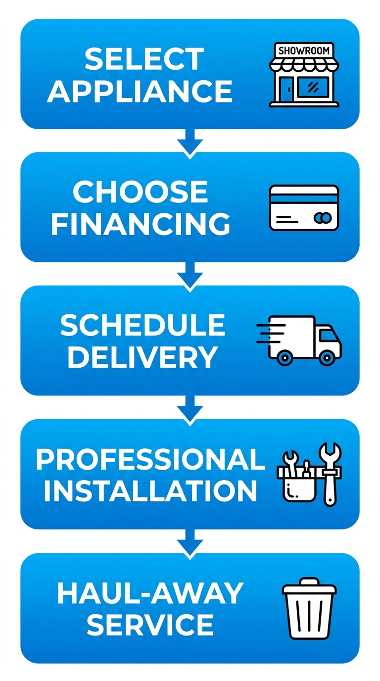 Vertical process flow diagram of 5-step discount appliance purchase: select, finance, deliver, install, haul-away.