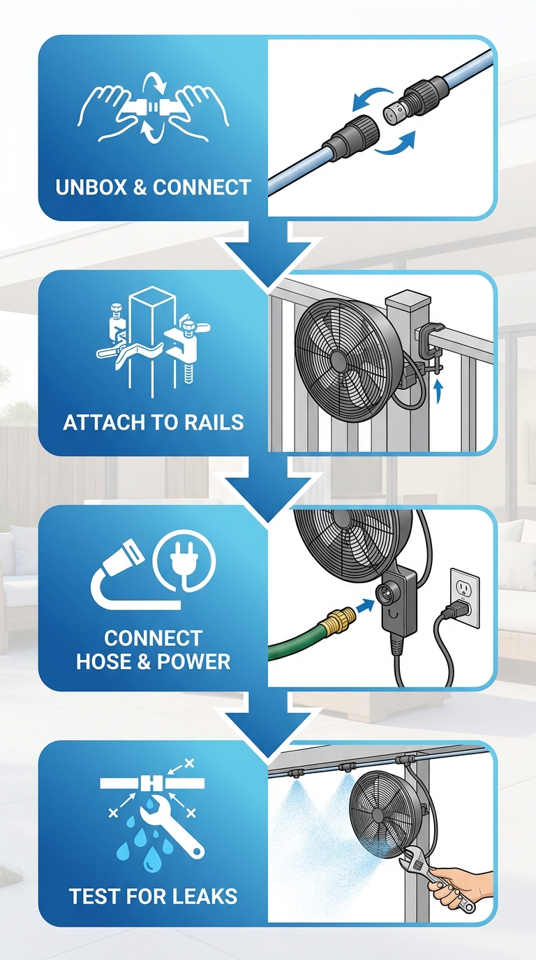 Step-by-step vertical process flow diagram for installing a patio misting fan with four illustrated stages using icons and minimal labels.