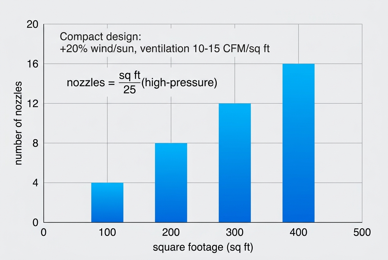 Bar chart showing nozzles needed for misting coverage by square footage, with formula and ventilation notes