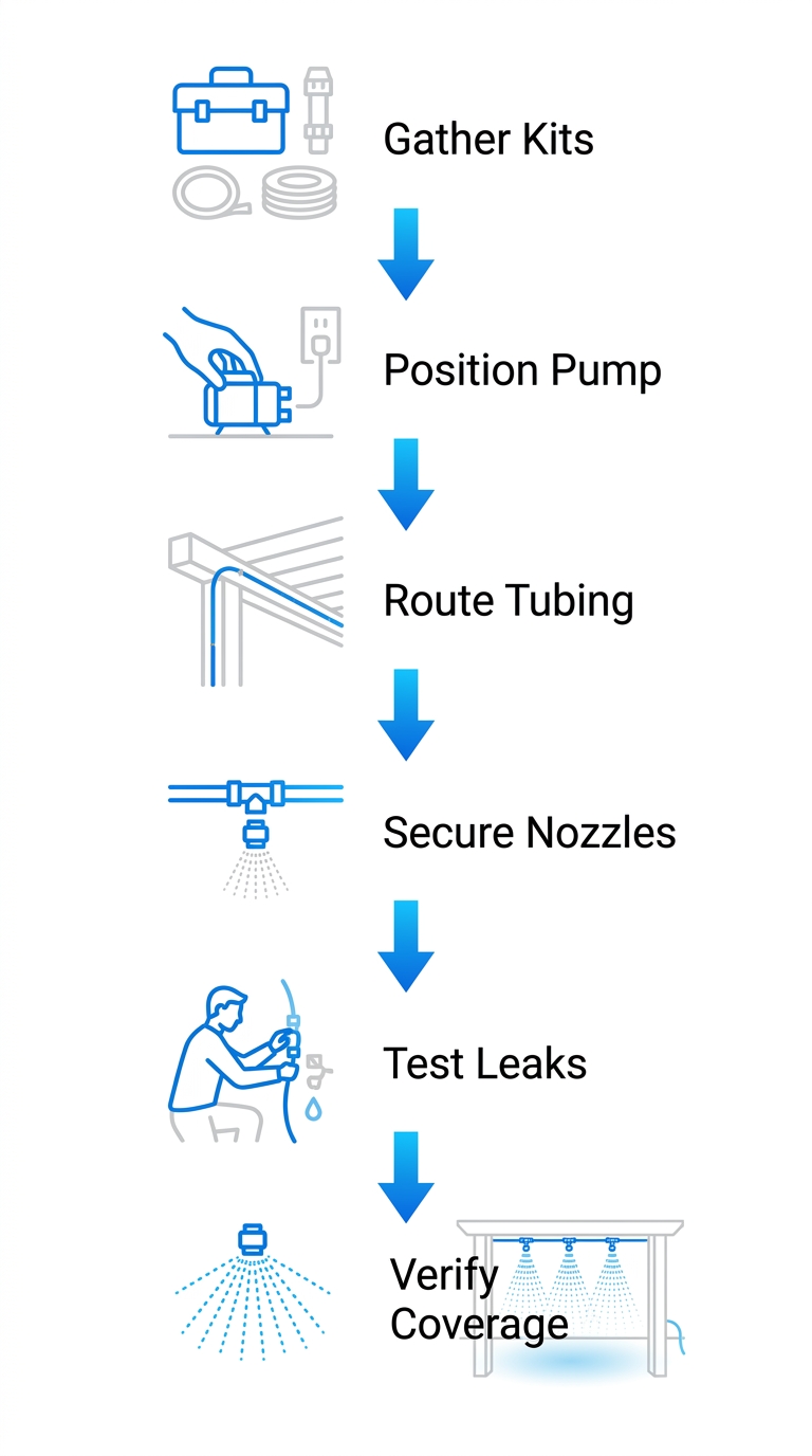 Vertical process flow diagram illustrating 6 steps for easy patio misting system installation