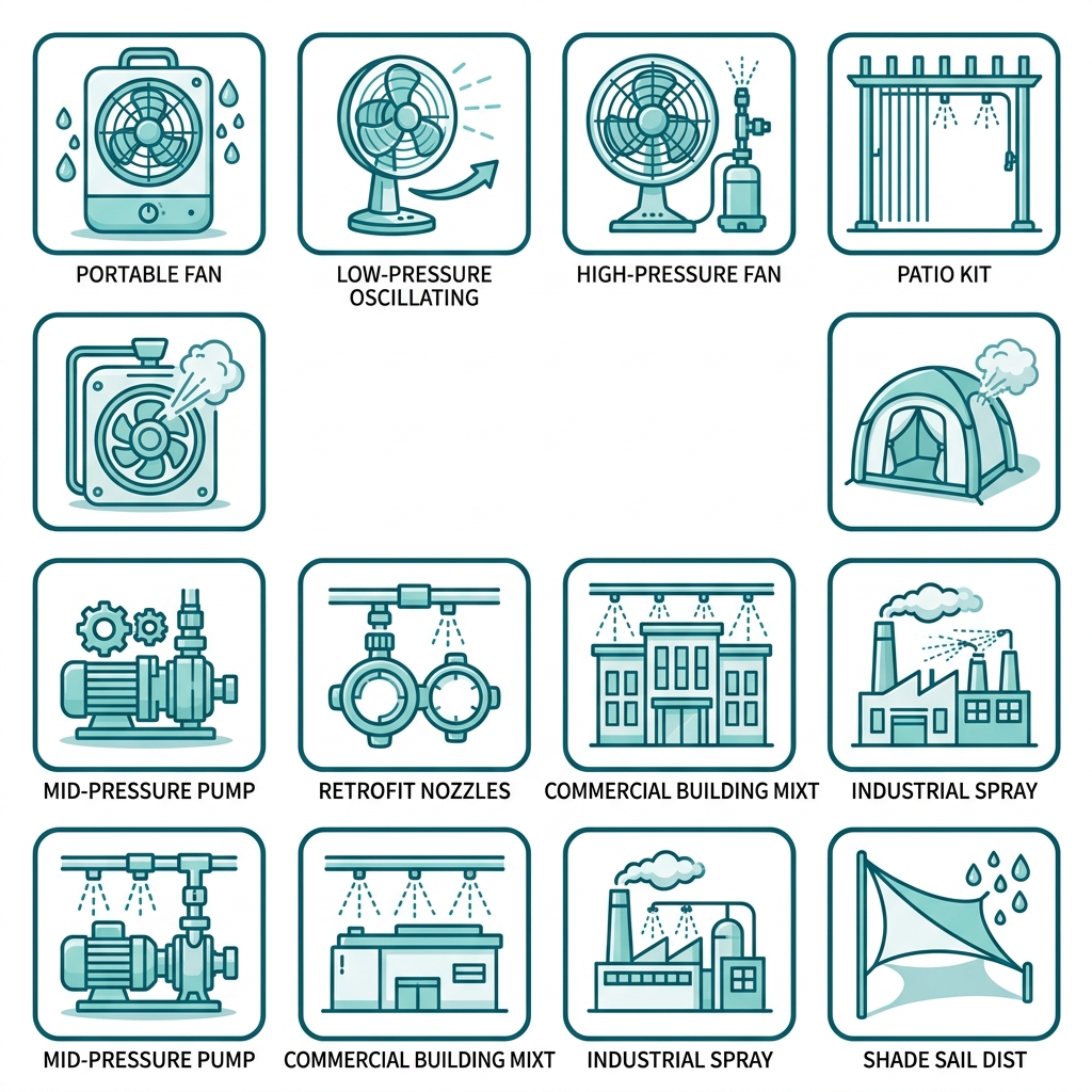 Square grid of 10 teal-outlined icons representing Cool-Off top misting stations for outdoor cooling with short labels