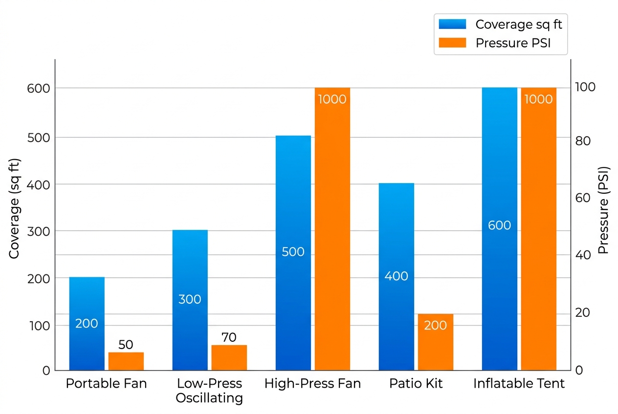 Grouped bar chart comparing five Cool-Off misting stations by coverage area and pressure levels
