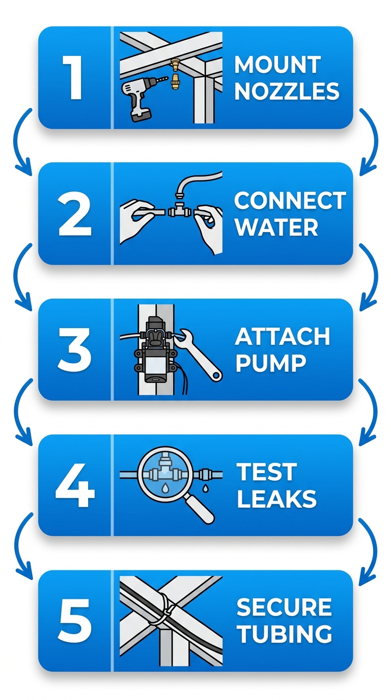 Vertical process flow diagram illustrating 5 DIY steps for misting system installation on Phoenix patios with icons and minimal labels.