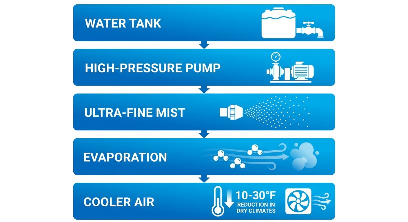 Vertical process flow diagram illustrating five stages of instant cooling by portable misting fans: water from tank, pump, mist nozzles, evaporation, and cooler air.