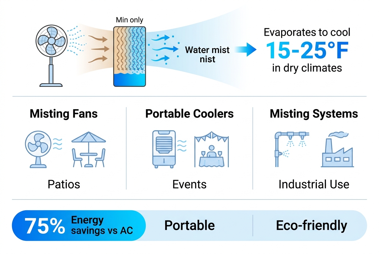 Infographic illustrating evaporative cooling principle, spot cooling product categories, and energy efficiency benefits for outdoor misting fans