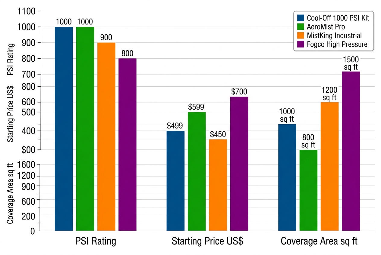 Horizontal bar chart comparing PSI rating, starting price, and coverage area of Cool-Off 1000 PSI Kit versus AeroMist Pro, MistKing Industrial, and Fogco High Pressure misting systems
