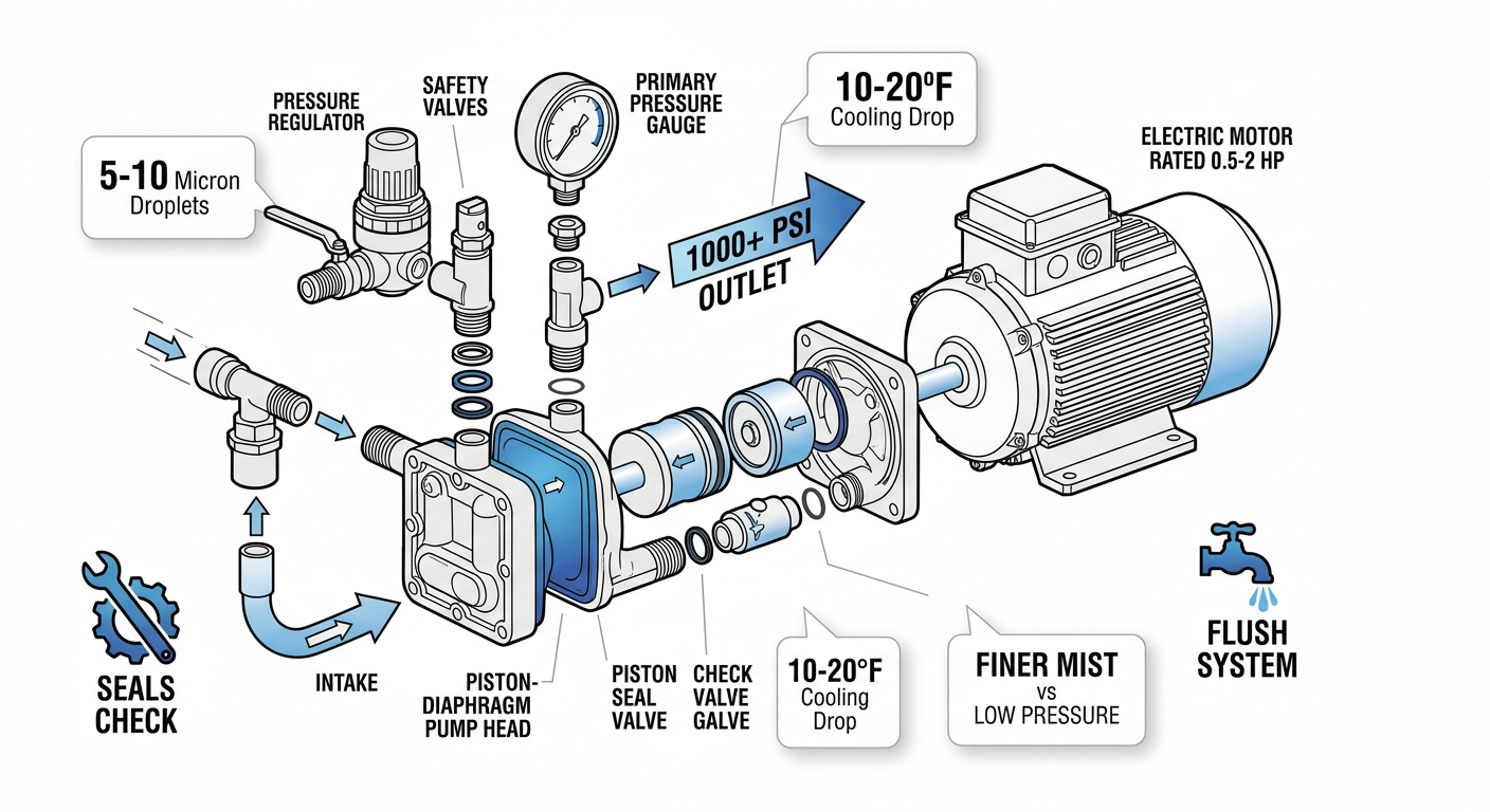Infographic of high pressure misting pump exploded diagram with components, flow arrows, cooling stats, and maintenance icons