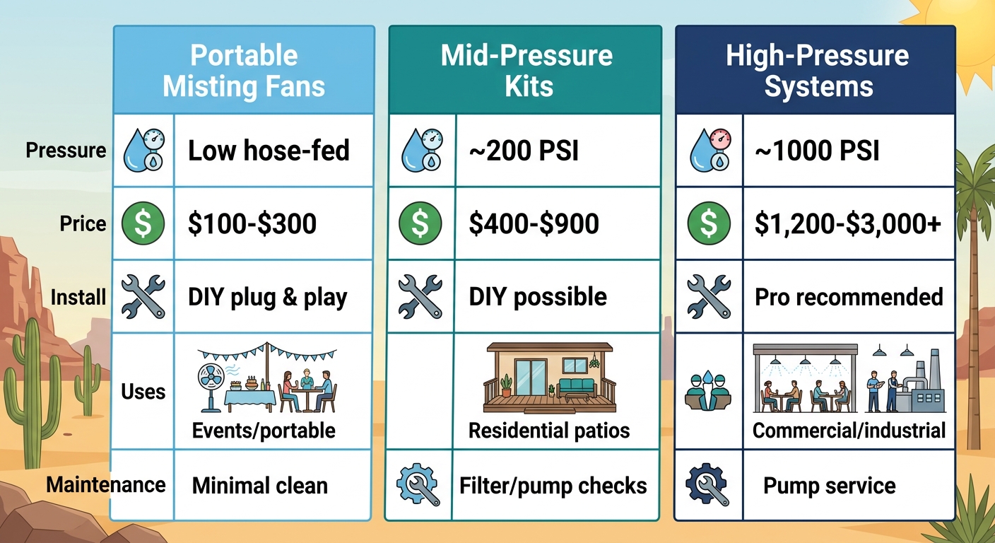Infographic comparing portable misting fans, mid-pressure kits, and high-pressure systems by pressure, price, installation, uses, and maintenance for Scottsdale heat.