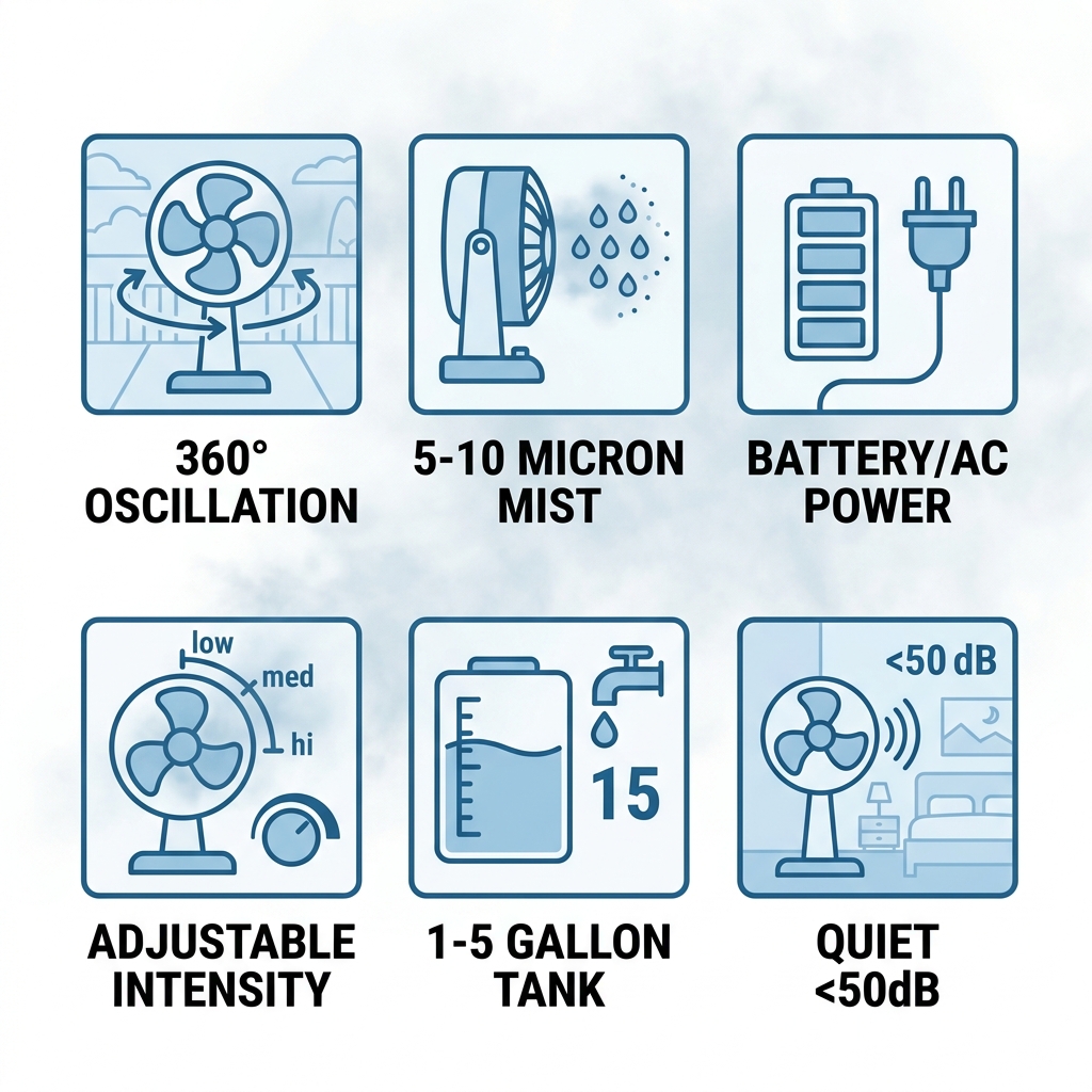 Square grid of 6 icons highlighting portable misting fans features: oscillation, fine mist, power options, mist intensity, water tank, quiet operation for Scottsdale patios.
